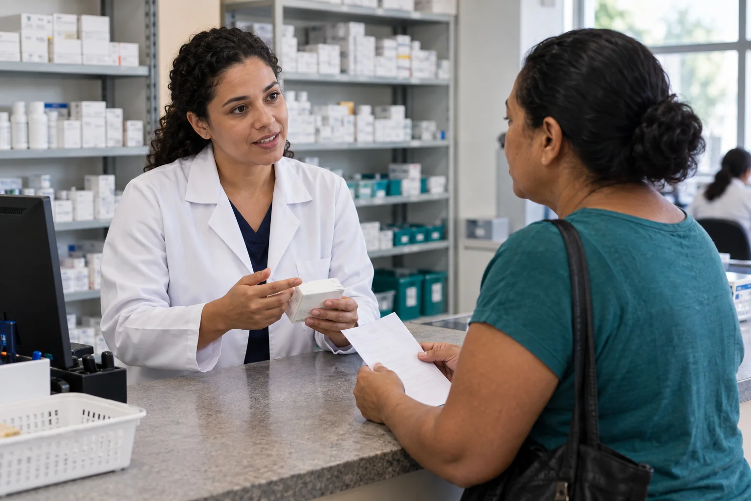 Pessoa apresentando uma receita no balcão de uma farmácia.