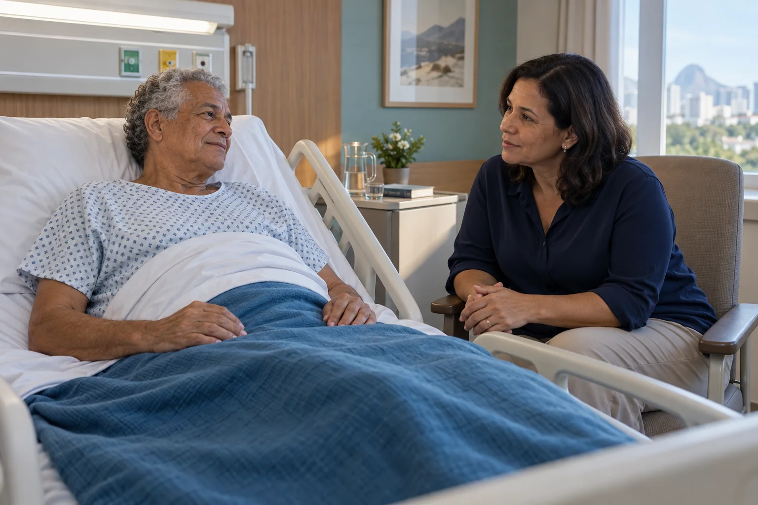 Pessoa em um leito hospitalar acompanhada por uma familiar.