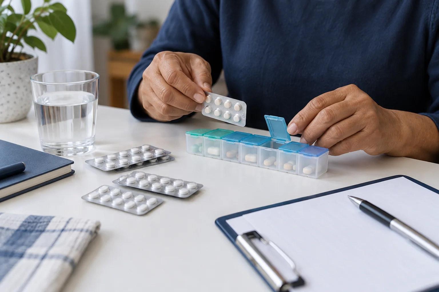 Mãos organizando cartelas de medicamentos e um porta-comprimidos.