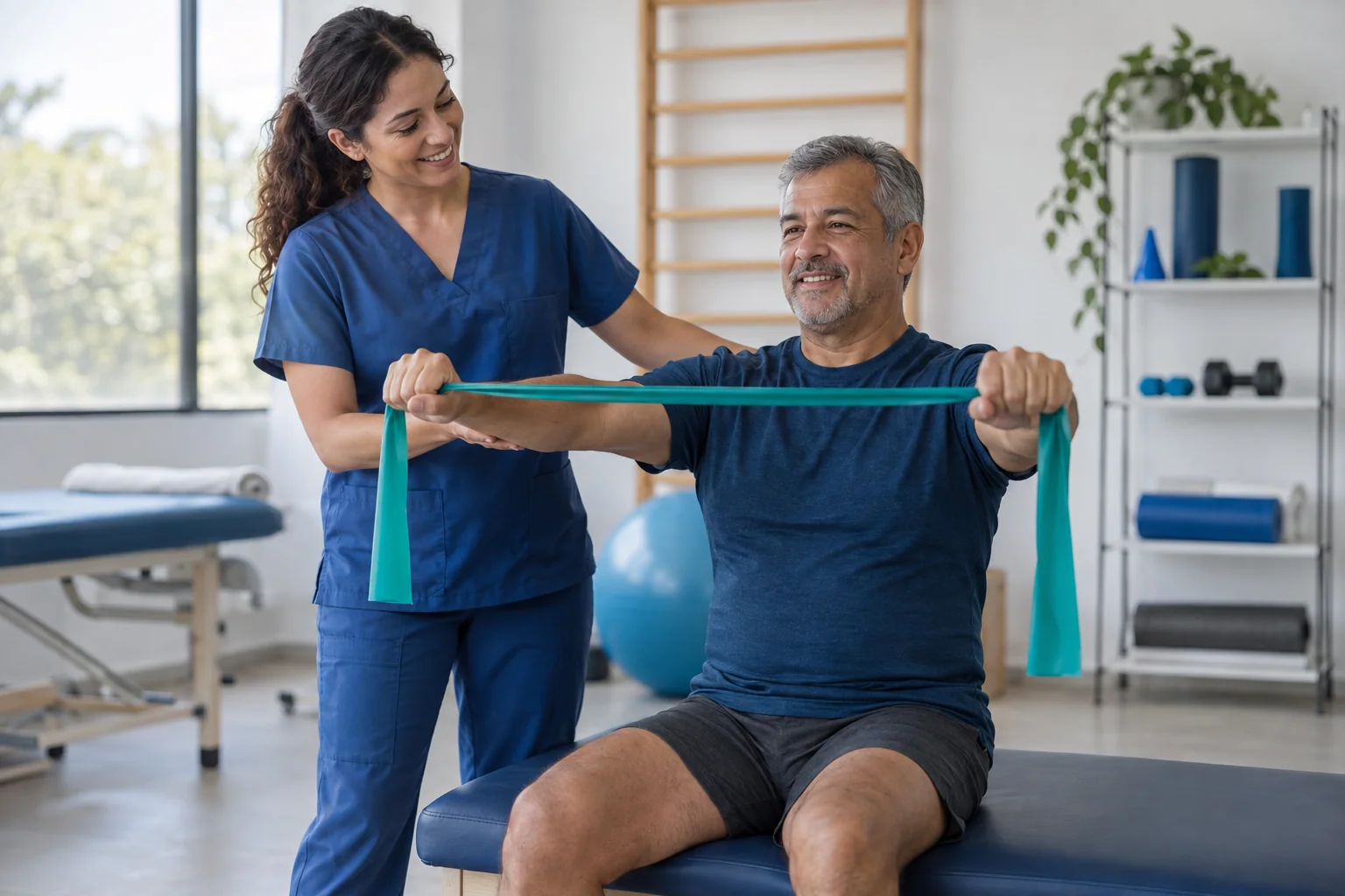 Fisioterapeuta acompanhando um exercício de reabilitação.